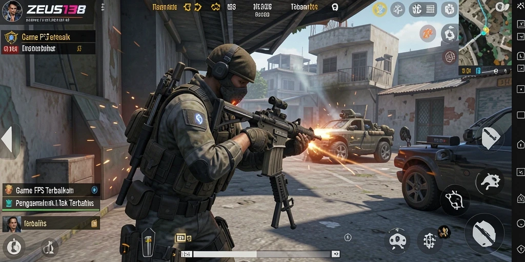 Screenshot gameplay intens dari ZEUS138 di tengah pertempuran FPS.
